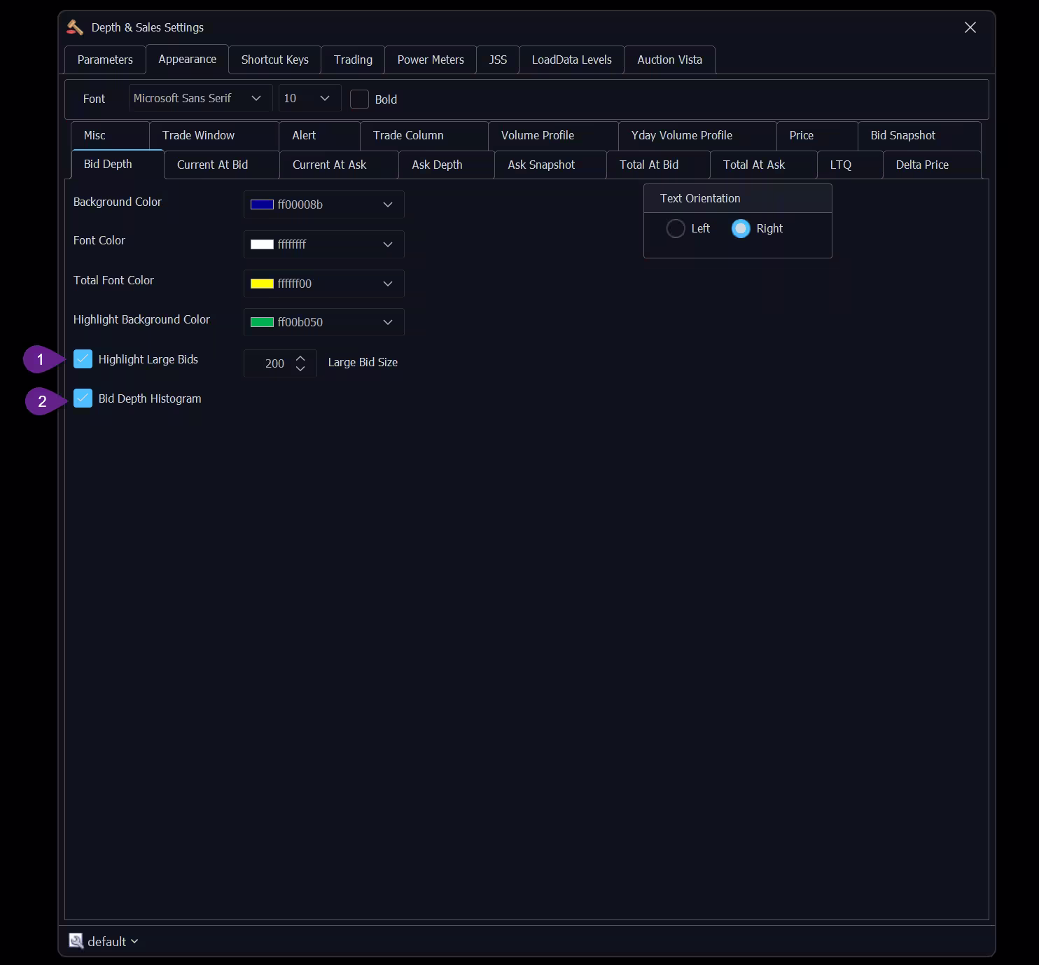 Jigsaw - Depth & Sales Settings - Appearance / Bid Depth